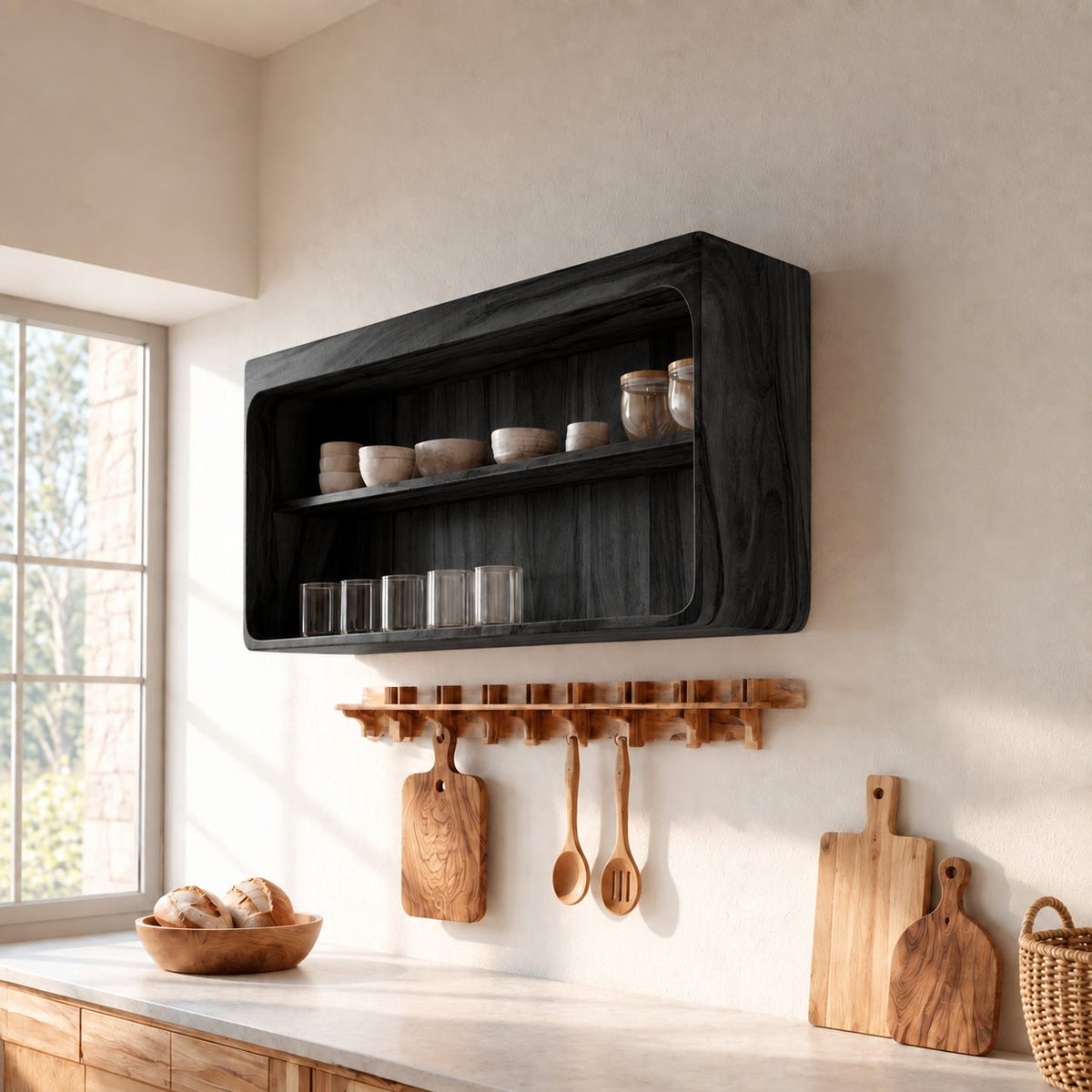 Rounded Corner Open Wall Cabinet, Solid Wood Kitchen Display Shelf with Middle Shelf for Cups and Jars