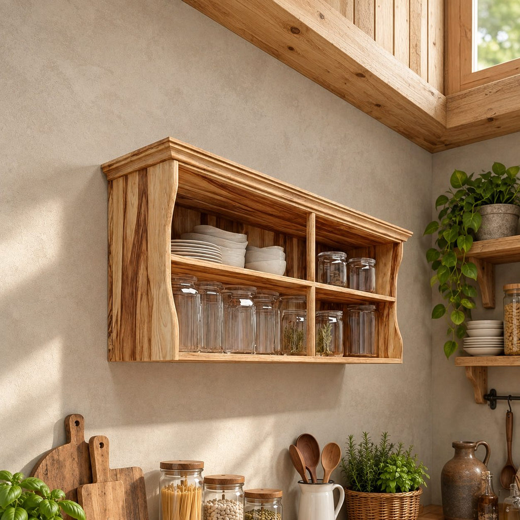 Crown Top Four Cubby Wall Cabinet, Solid Wood Kitchen Shelf with Curved Sides for Plates and Jars