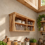 Crown Top Four Cubby Wall Cabinet, Solid Wood Kitchen Shelf with Curved Sides for Plates and Jars