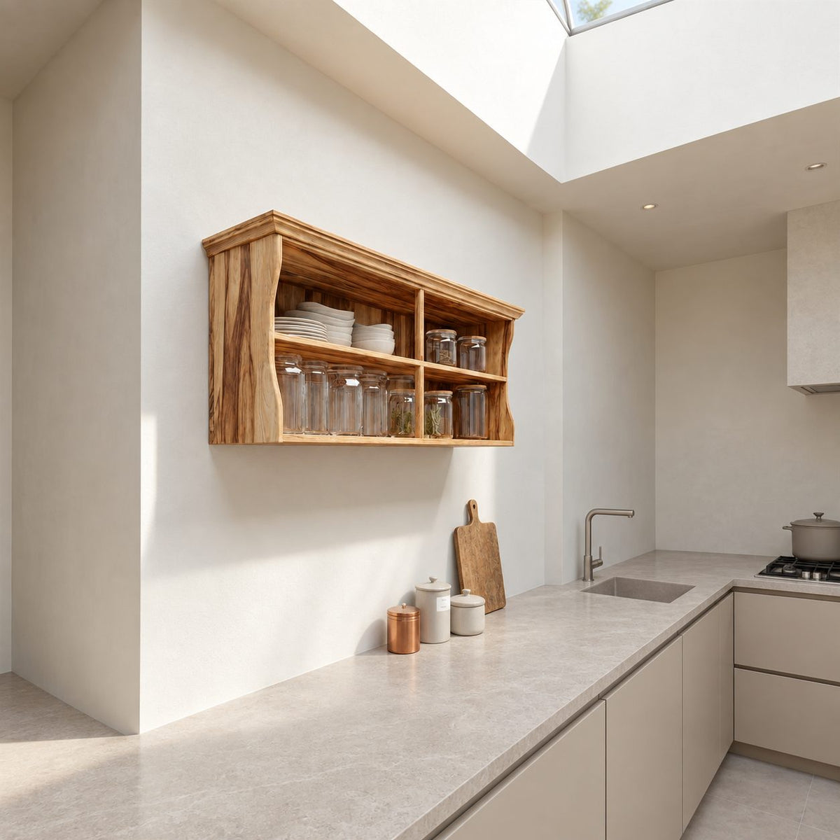 Crown Top Four Cubby Wall Cabinet, Solid Wood Kitchen Shelf with Curved Sides for Plates and Jars