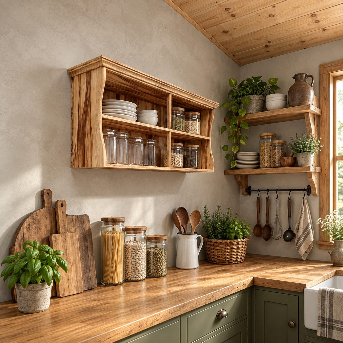 Crown Top Four Cubby Wall Cabinet, Solid Wood Kitchen Shelf with Curved Sides for Plates and Jars