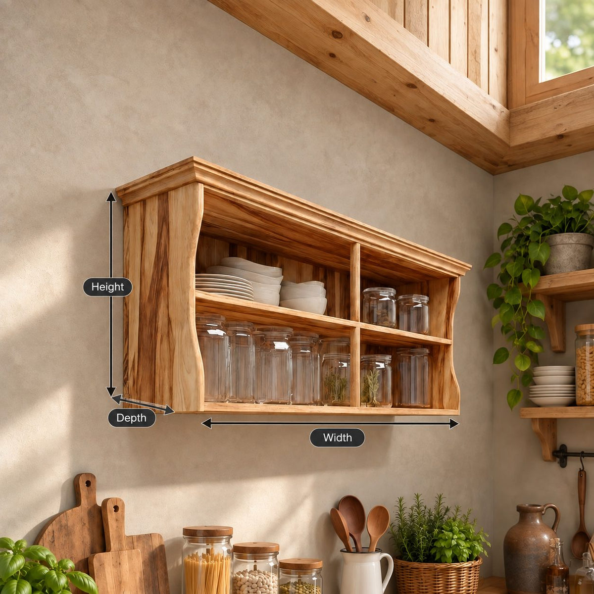 Crown Top Four Cubby Wall Cabinet, Solid Wood Kitchen Shelf with Curved Sides for Plates and Jars