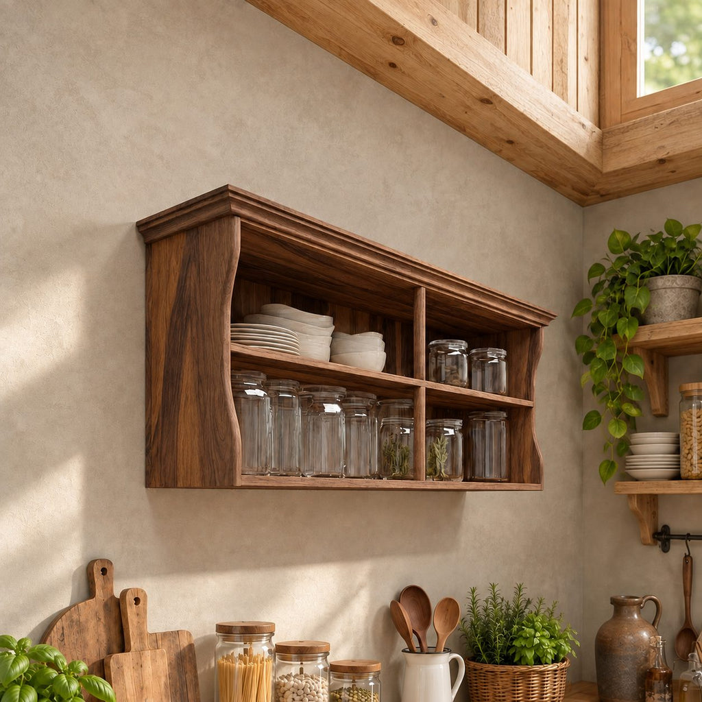 Crown Top Four Cubby Wall Cabinet, Solid Wood Kitchen Shelf with Curved Sides for Plates and Jars
