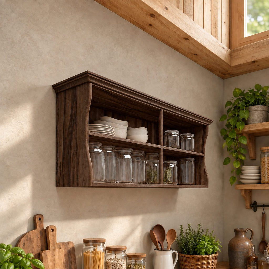 Crown Top Four Cubby Wall Cabinet, Solid Wood Kitchen Shelf with Curved Sides for Plates and Jars