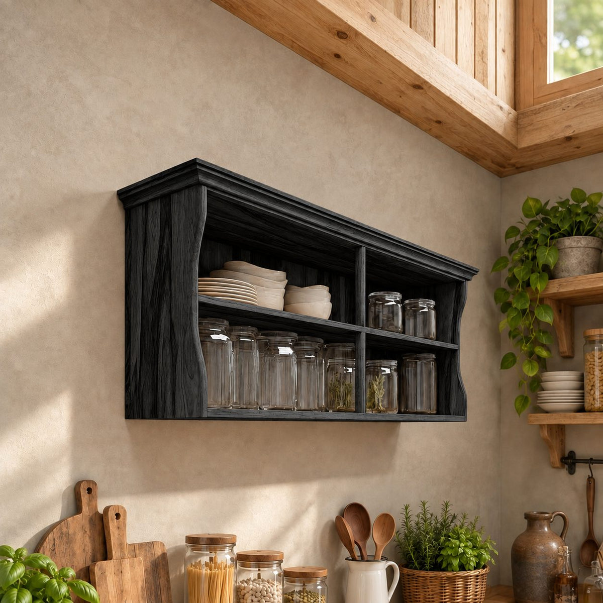 Crown Top Four Cubby Wall Cabinet, Solid Wood Kitchen Shelf with Curved Sides for Plates and Jars