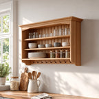 Plate Rack Wall Shelf with Peg Hooks and Beadboard Back, Solid Wood Farmhouse Kitchen Display