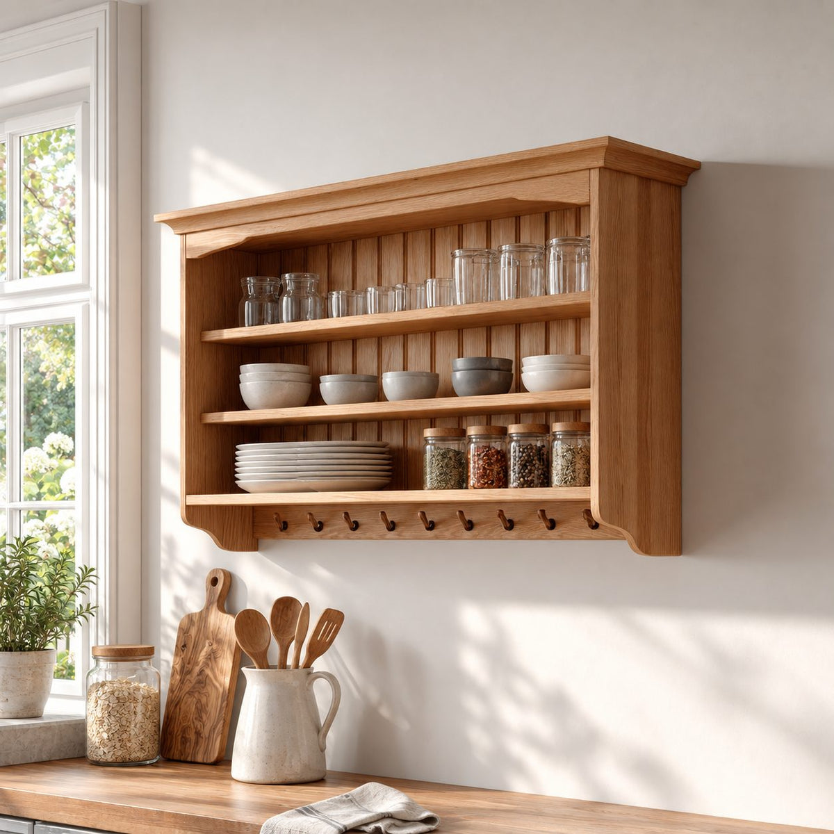 Plate Rack Wall Shelf with Peg Hooks and Beadboard Back, Solid Wood Farmhouse Kitchen Display