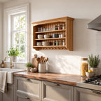 Plate Rack Wall Shelf with Peg Hooks and Beadboard Back, Solid Wood Farmhouse Kitchen Display