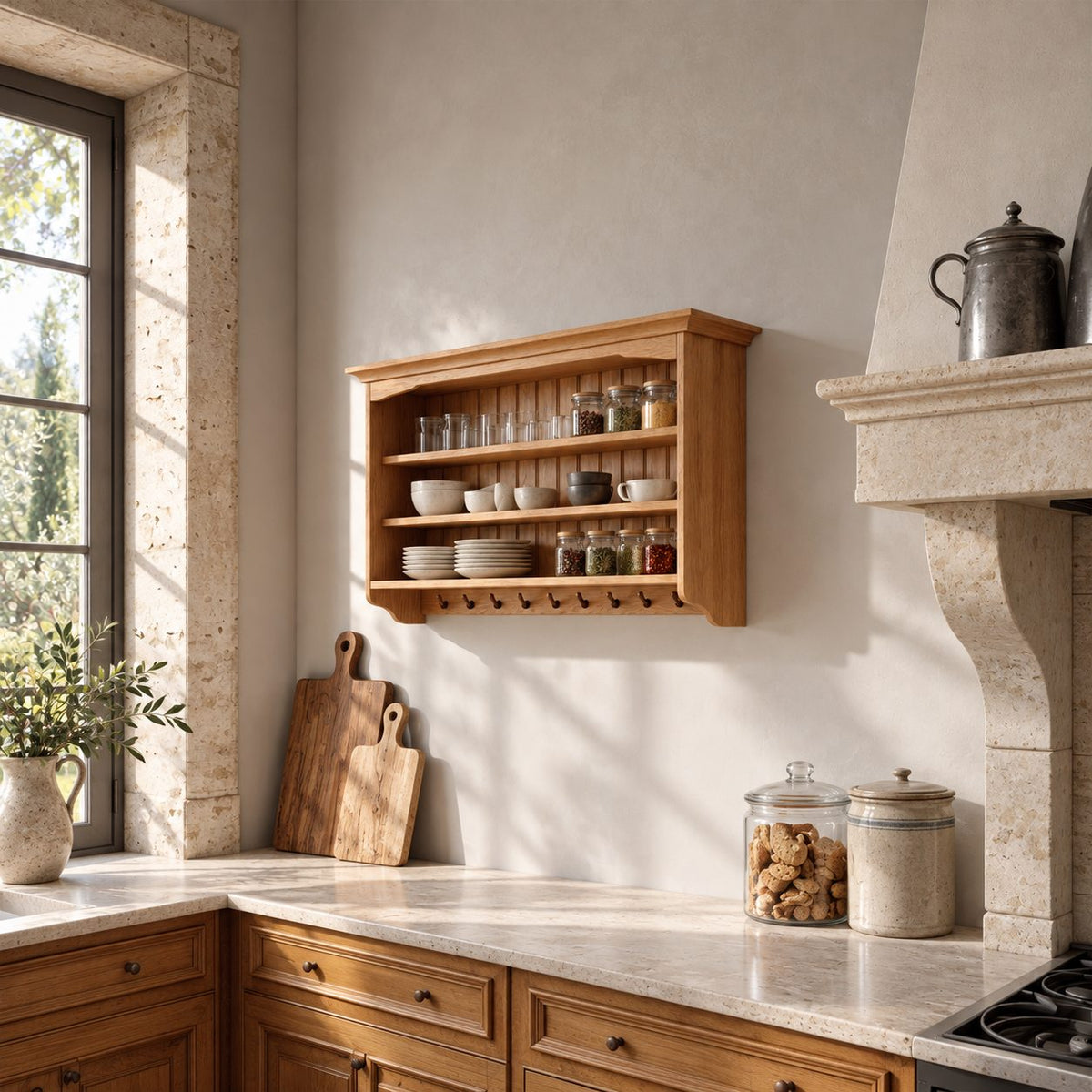 Plate Rack Wall Shelf with Peg Hooks and Beadboard Back, Solid Wood Farmhouse Kitchen Display
