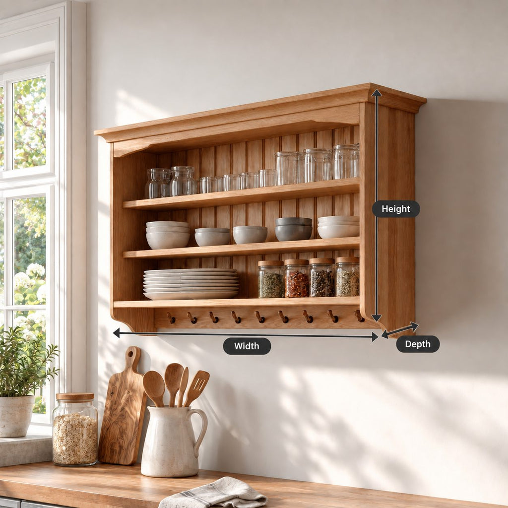 Plate Rack Wall Shelf with Peg Hooks and Beadboard Back, Solid Wood Farmhouse Kitchen Display