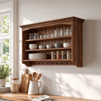 Plate Rack Wall Shelf with Peg Hooks and Beadboard Back, Solid Wood Farmhouse Kitchen Display