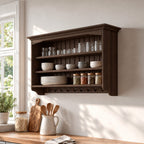 Plate Rack Wall Shelf with Peg Hooks and Beadboard Back, Solid Wood Farmhouse Kitchen Display