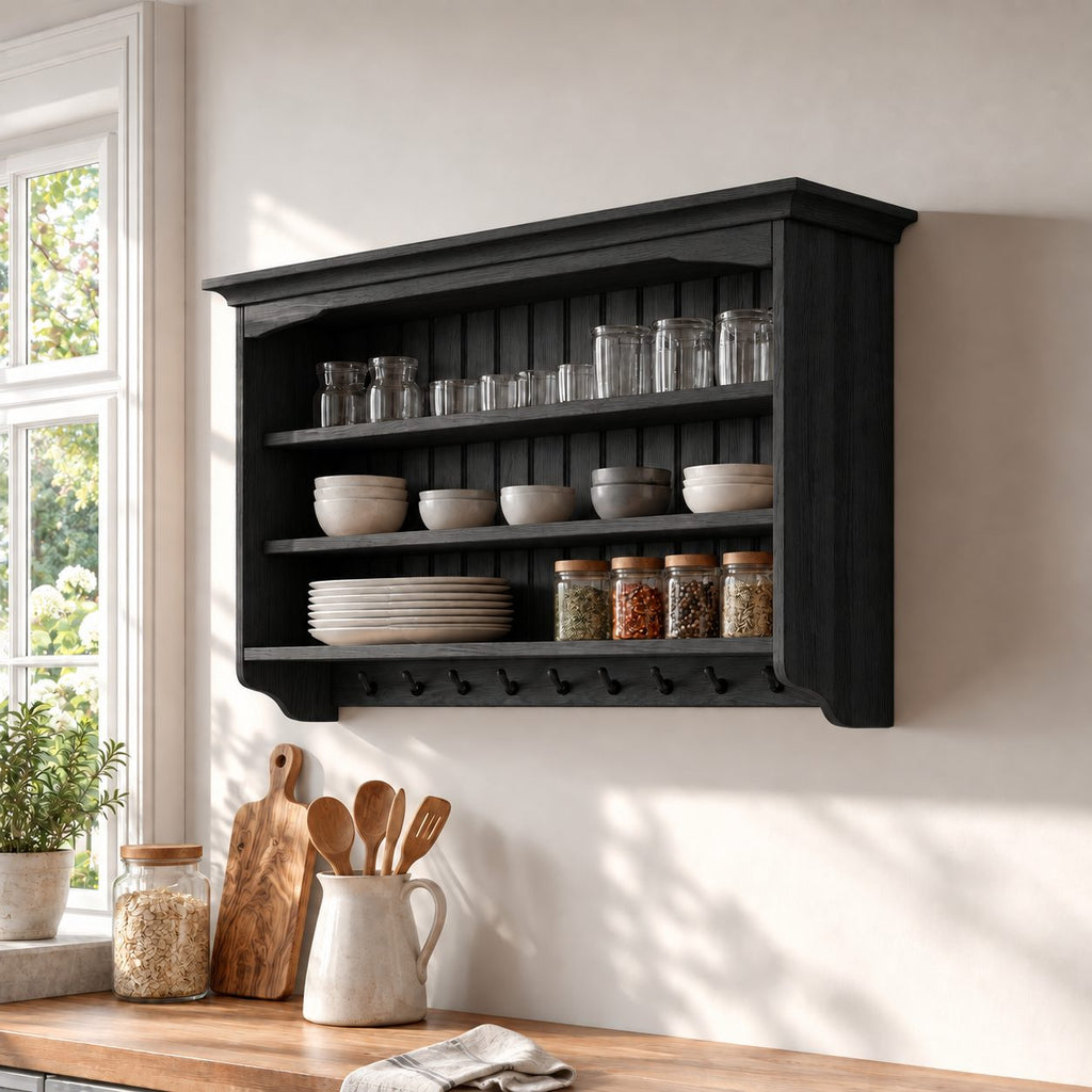 Plate Rack Wall Shelf with Peg Hooks and Beadboard Back, Solid Wood Farmhouse Kitchen Display