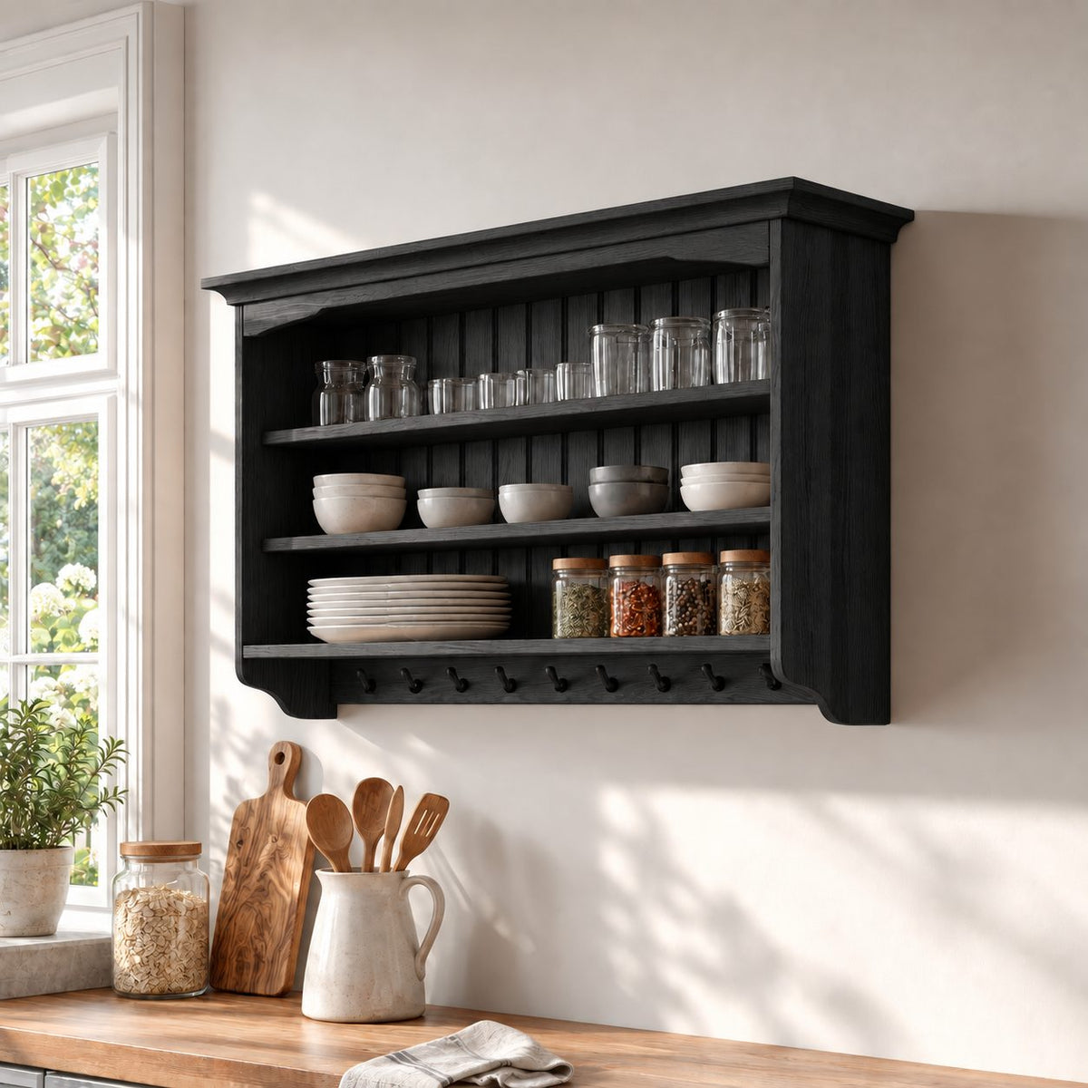 Plate Rack Wall Shelf with Peg Hooks and Beadboard Back, Solid Wood Farmhouse Kitchen Display