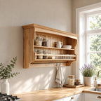 Railed Spice Shelf Wall Cabinet with Beadboard Back and Hooks, Solid Wood Farmhouse Kitchen Rack