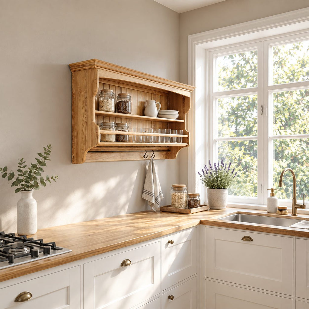 Railed Spice Shelf Wall Cabinet with Beadboard Back and Hooks, Solid Wood Farmhouse Kitchen Rack