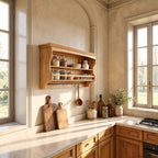 Railed Spice Shelf Wall Cabinet with Beadboard Back and Hooks, Solid Wood Farmhouse Kitchen Rack
