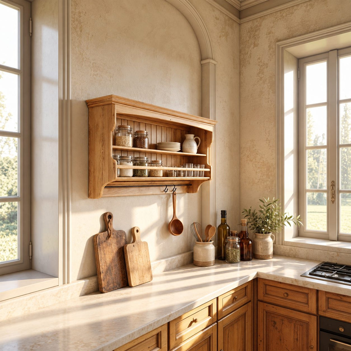 Railed Spice Shelf Wall Cabinet with Beadboard Back and Hooks, Solid Wood Farmhouse Kitchen Rack