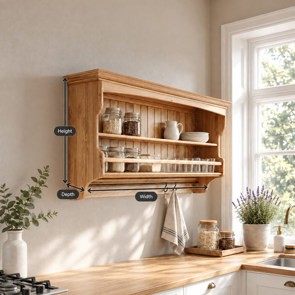 Railed Spice Shelf Wall Cabinet with Beadboard Back and Hooks, Solid Wood Farmhouse Kitchen Rack