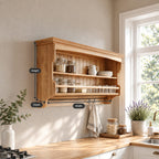 Railed Spice Shelf Wall Cabinet with Beadboard Back and Hooks, Solid Wood Farmhouse Kitchen Rack