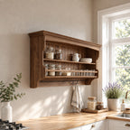 Railed Spice Shelf Wall Cabinet with Beadboard Back and Hooks, Solid Wood Farmhouse Kitchen Rack