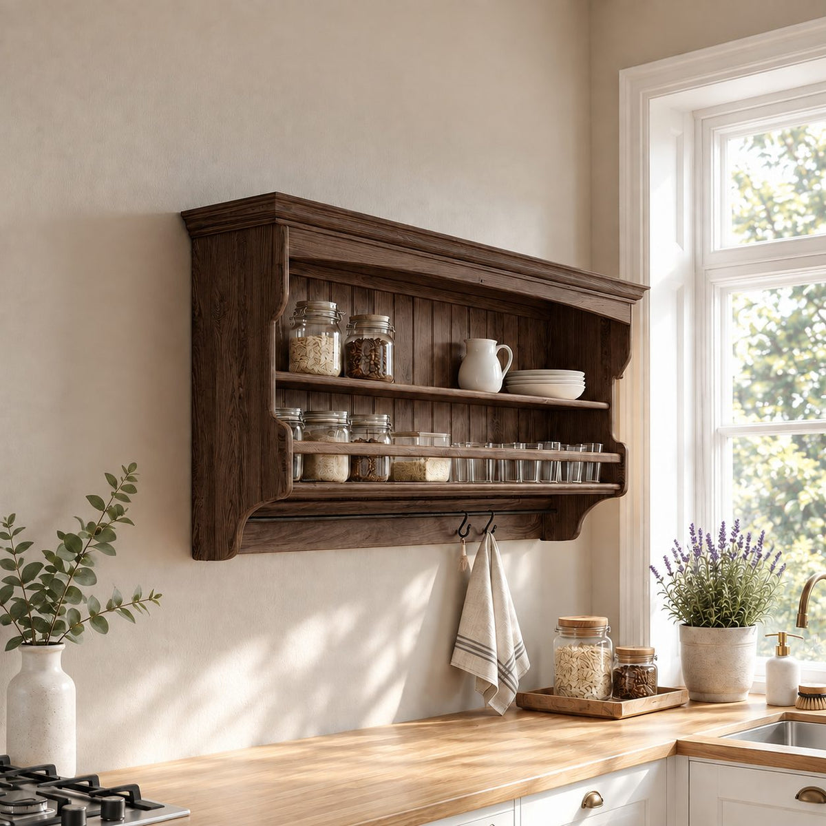 Railed Spice Shelf Wall Cabinet with Beadboard Back and Hooks, Solid Wood Farmhouse Kitchen Rack