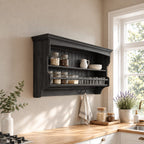 Railed Spice Shelf Wall Cabinet with Beadboard Back and Hooks, Solid Wood Farmhouse Kitchen Rack
