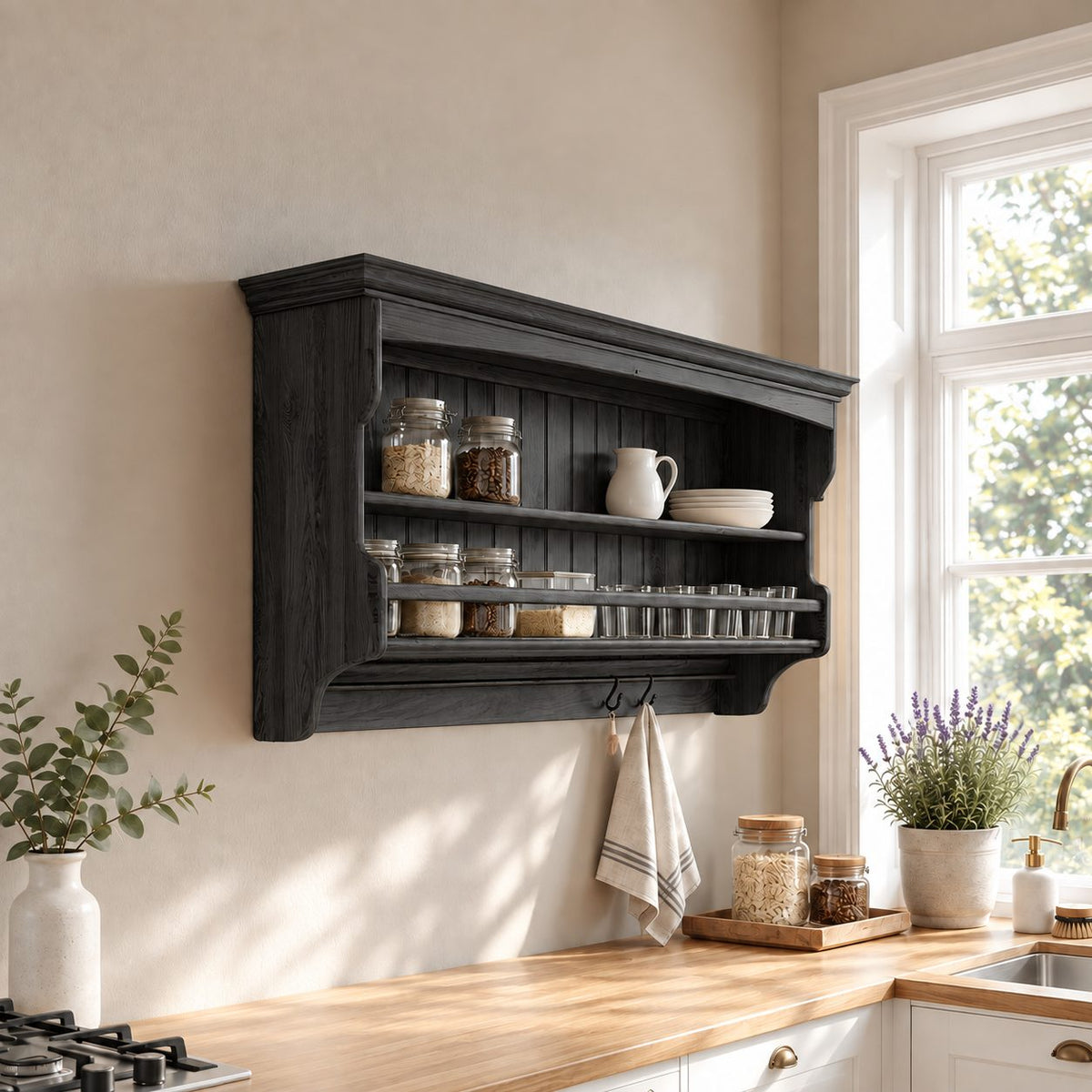 Railed Spice Shelf Wall Cabinet with Beadboard Back and Hooks, Solid Wood Farmhouse Kitchen Rack
