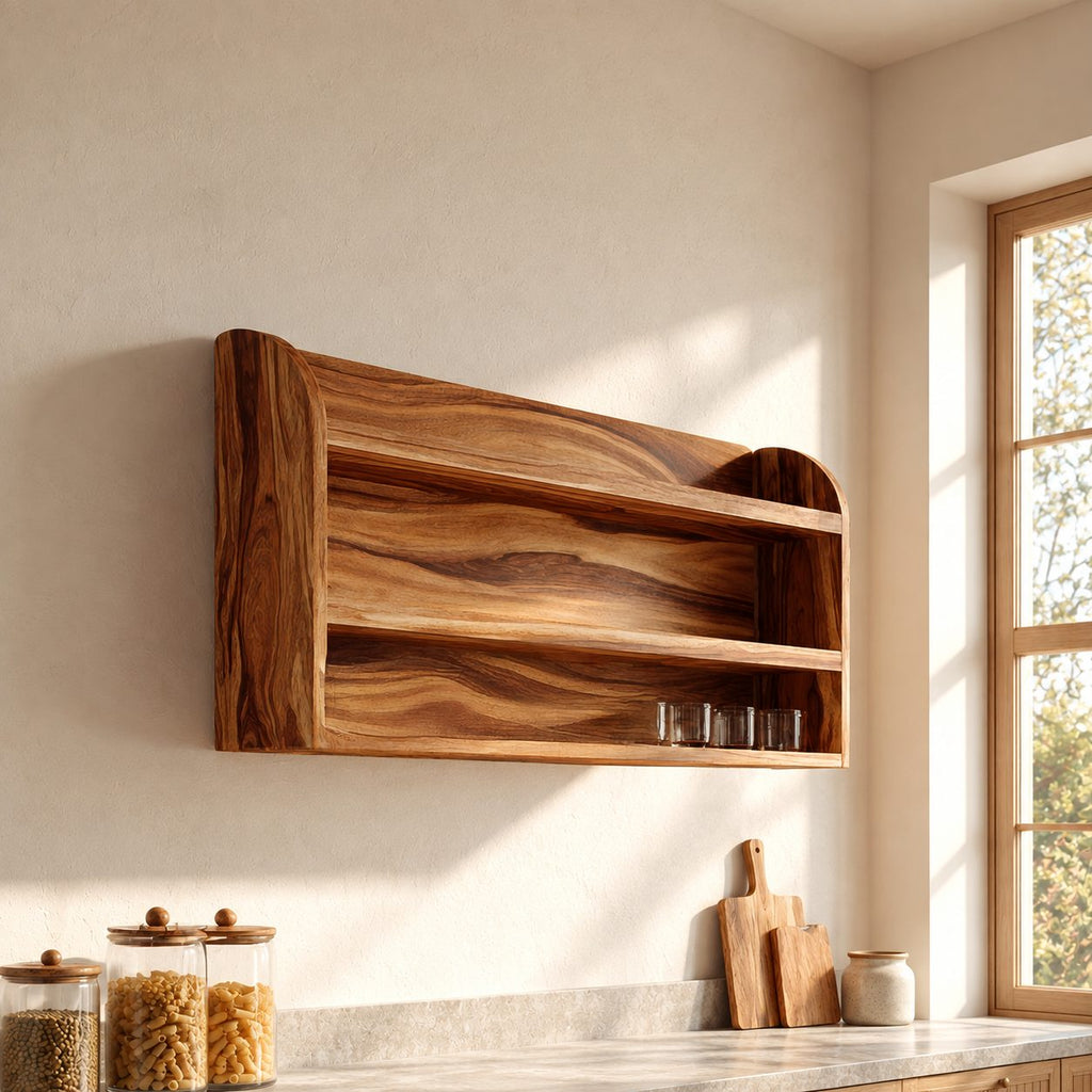 Arched End Wall Shelf, Two-Tier Solid Wood Kitchen and Pantry Rack with Full Grain Back Panel