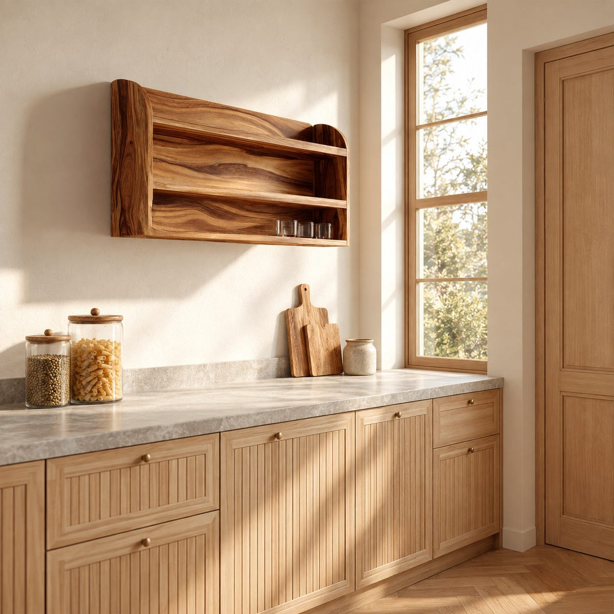 Arched End Wall Shelf, Two-Tier Solid Wood Kitchen and Pantry Rack with Full Grain Back Panel