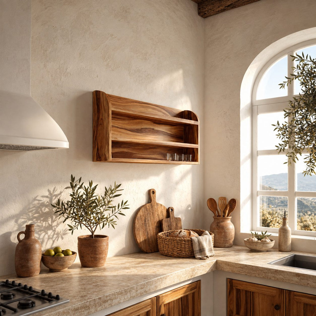 Arched End Wall Shelf, Two-Tier Solid Wood Kitchen and Pantry Rack with Full Grain Back Panel