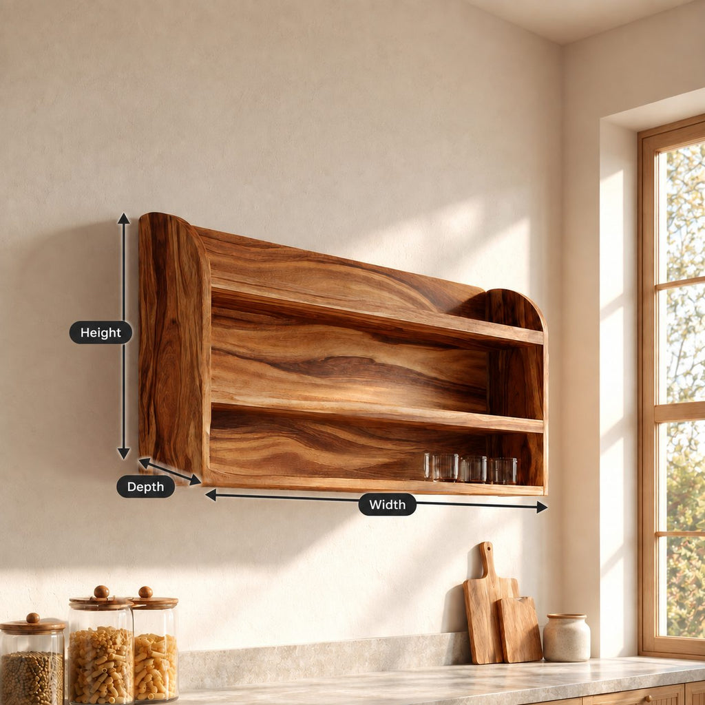 Arched End Wall Shelf, Two-Tier Solid Wood Kitchen and Pantry Rack with Full Grain Back Panel