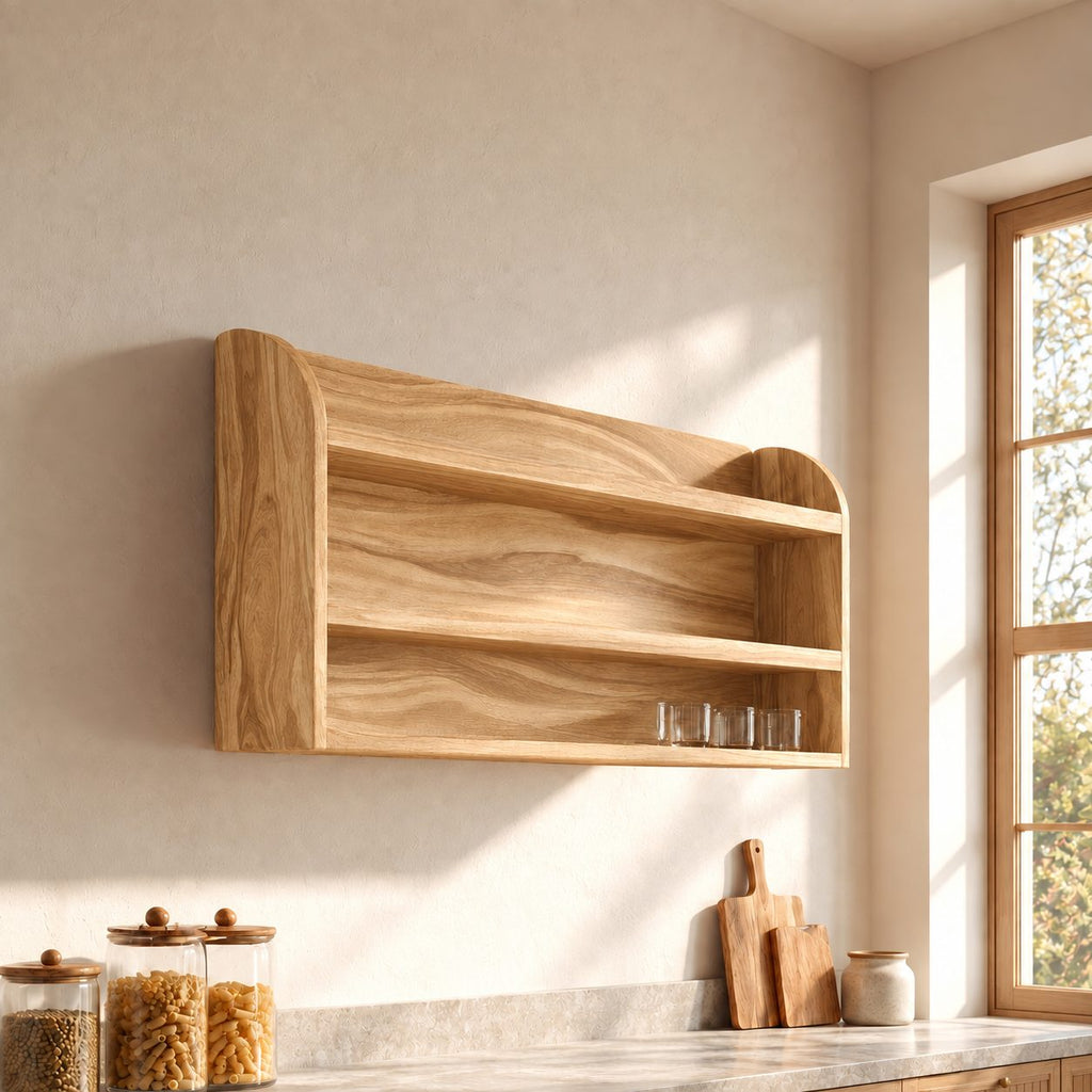 Arched End Wall Shelf, Two-Tier Solid Wood Kitchen and Pantry Rack with Full Grain Back Panel