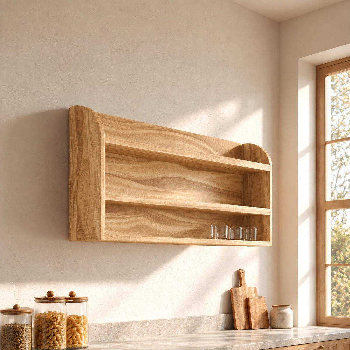 Arched End Wall Shelf, Two-Tier Solid Wood Kitchen and Pantry Rack with Full Grain Back Panel