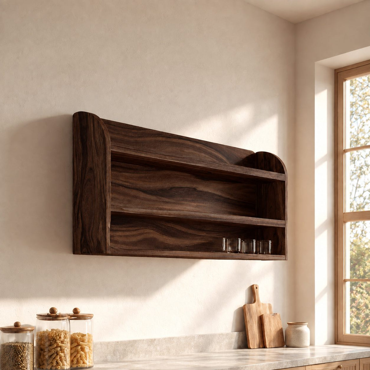 Arched End Wall Shelf, Two-Tier Solid Wood Kitchen and Pantry Rack with Full Grain Back Panel