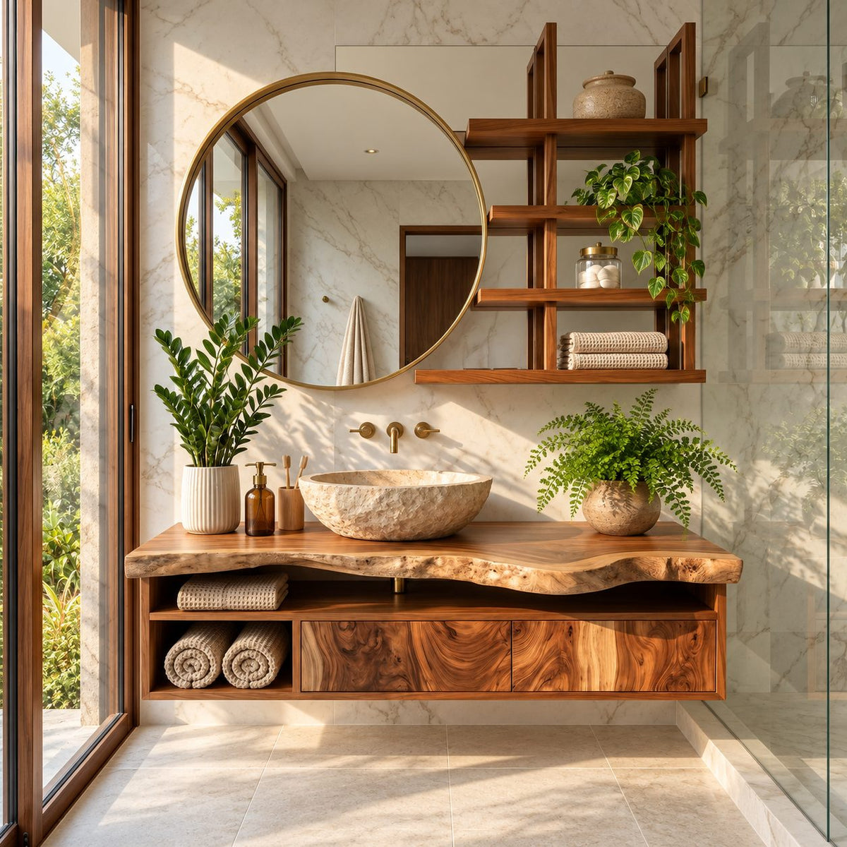 Floating Bathroom Vanity 30-80 Inch, Live Edge Top Wall Cabinet with Drawers and Open Towel Shelf