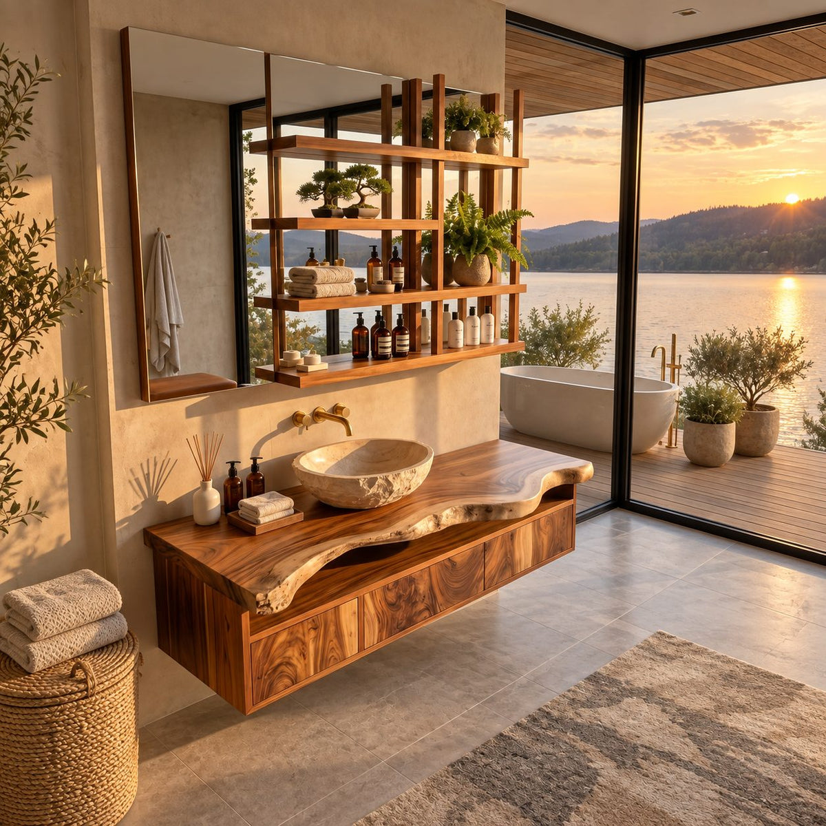 Floating Bathroom Vanity 30-80 Inch, Live Edge Top Wall Cabinet with Drawers and Open Towel Shelf