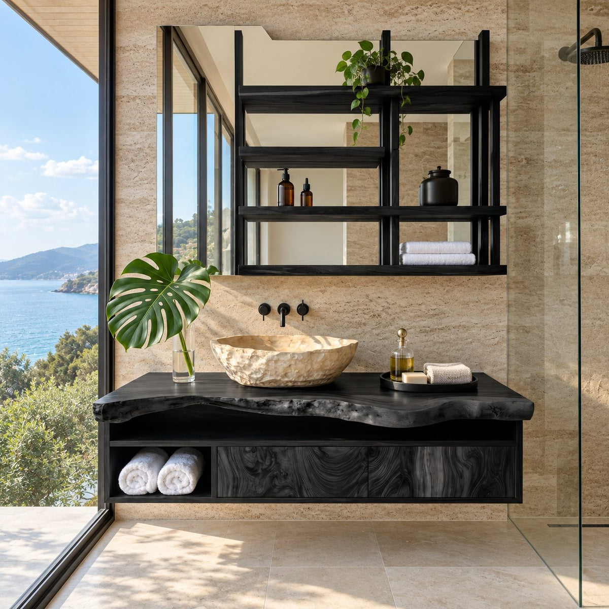 Floating Bathroom Vanity 30-80 Inch, Live Edge Top Wall Cabinet with Drawers and Open Towel Shelf