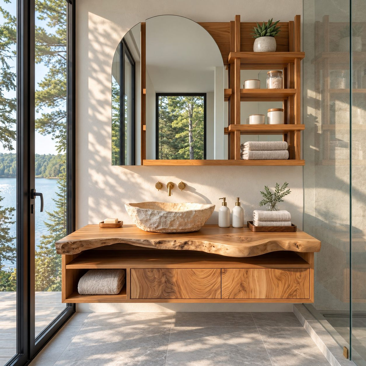 Floating Bathroom Vanity 30-80 Inch, Live Edge Top Wall Cabinet with Drawers and Open Towel Shelf