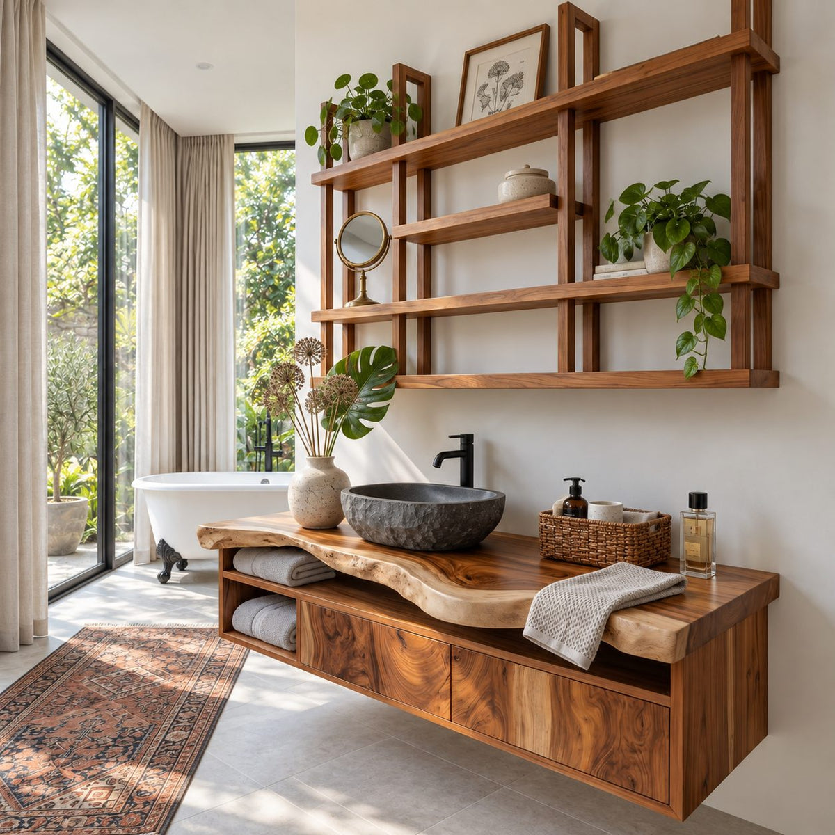 Floating Bathroom Vanity 30-80 Inch, Live Edge Top Wall Cabinet with Drawers and Open Towel Shelf