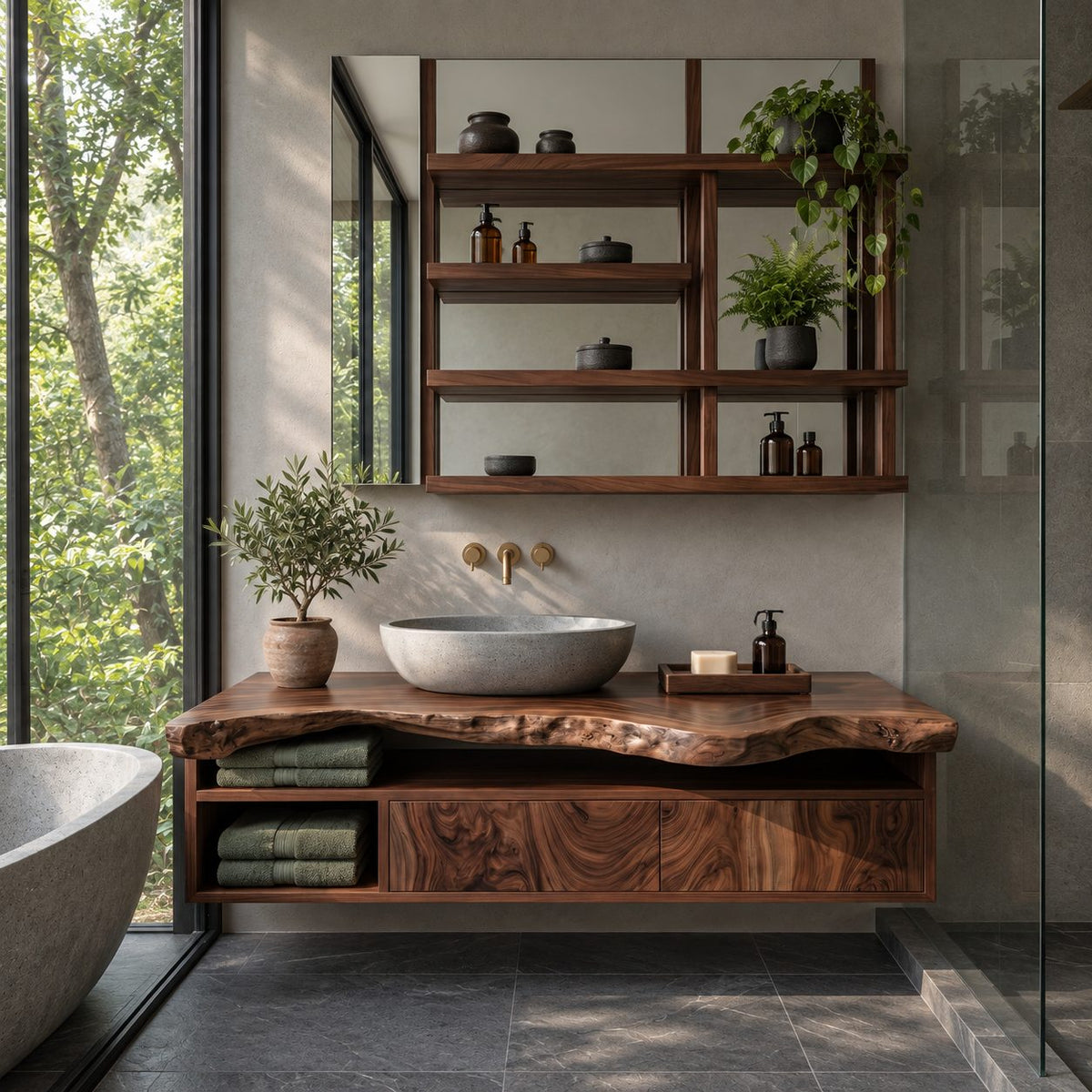 Floating Bathroom Vanity 30-80 Inch, Live Edge Top Wall Cabinet with Drawers and Open Towel Shelf