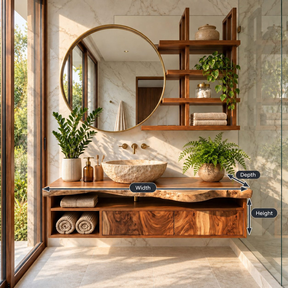 Floating Bathroom Vanity 30-80 Inch, Live Edge Top Wall Cabinet with Drawers and Open Towel Shelf
