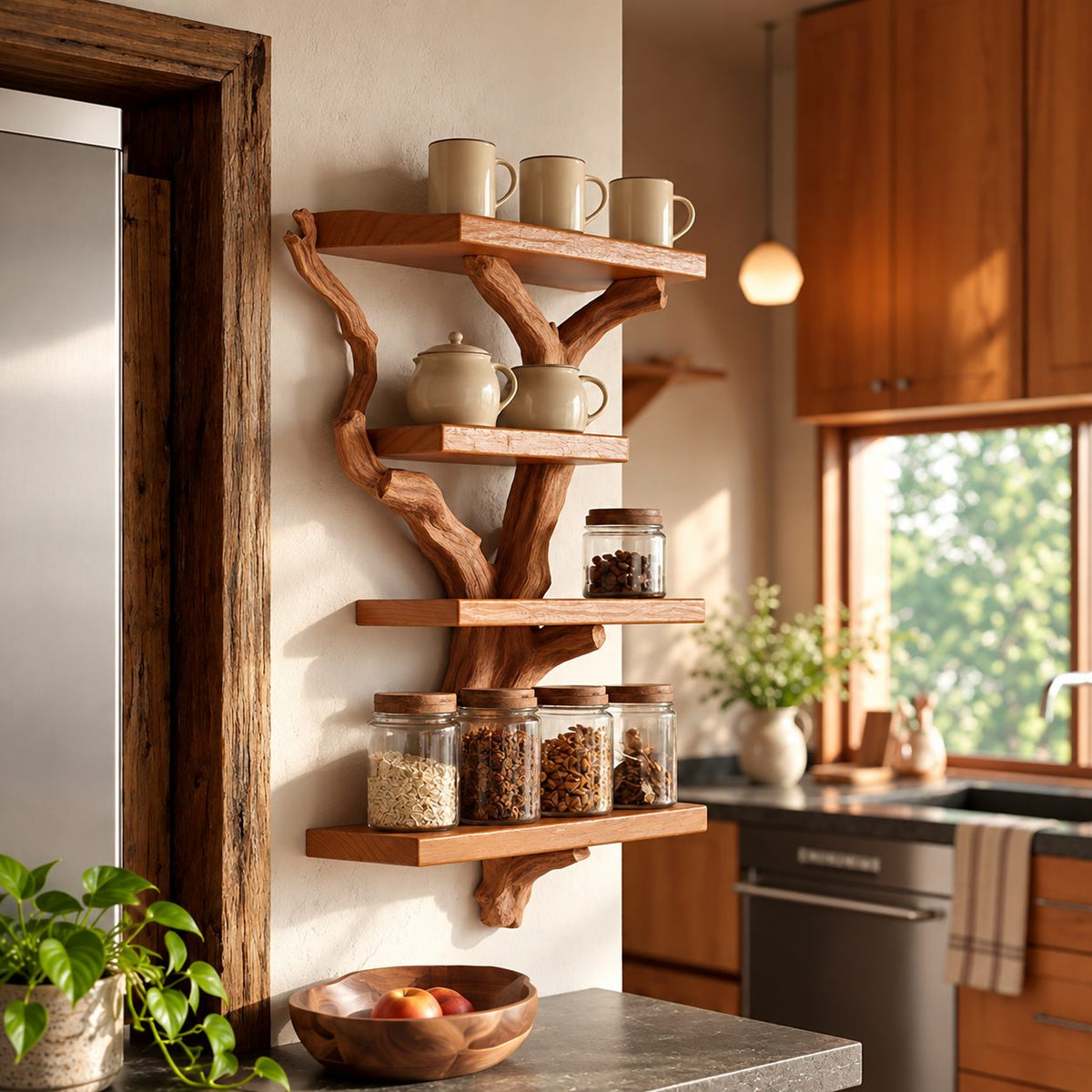 Carved Branch Spice Rack Wall Shelf, 4-Tier Solid Wood Tree Shelf for Kitchen Mugs and Jars