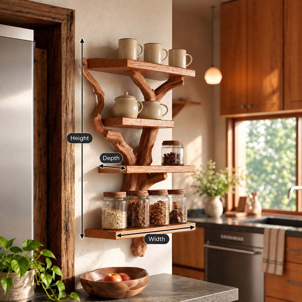 Carved Branch Spice Rack Wall Shelf, 4-Tier Solid Wood Tree Shelf for Kitchen Mugs and Jars