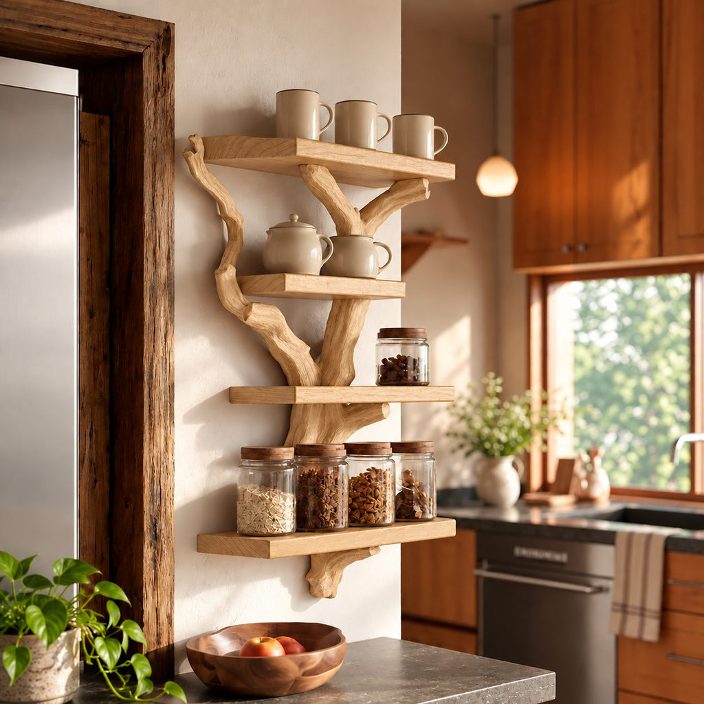 Carved Branch Spice Rack Wall Shelf, 4-Tier Solid Wood Tree Shelf for Kitchen Mugs and Jars