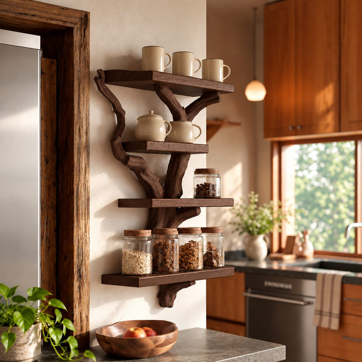 Carved Branch Spice Rack Wall Shelf, 4-Tier Solid Wood Tree Shelf for Kitchen Mugs and Jars