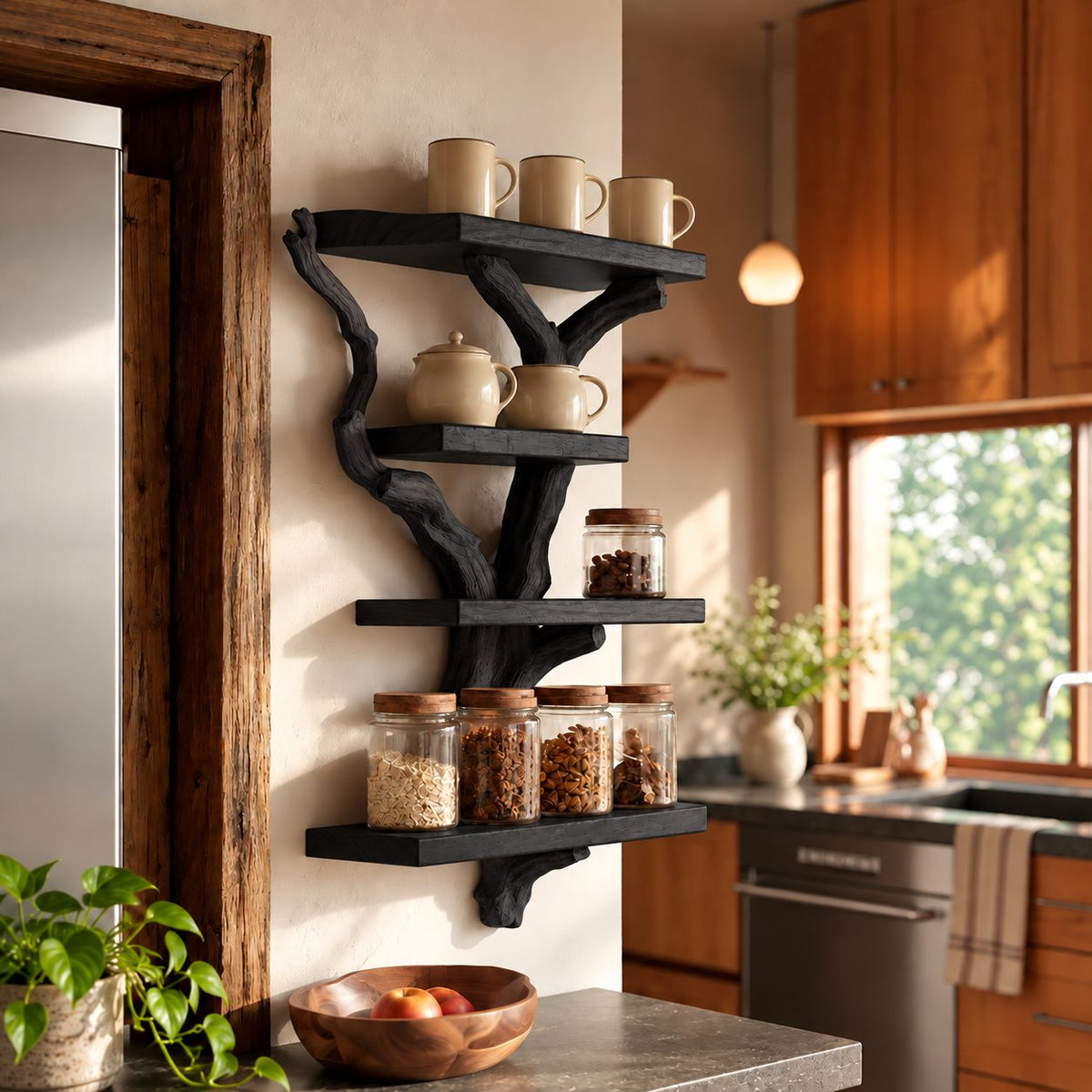 Carved Branch Spice Rack Wall Shelf, 4-Tier Solid Wood Tree Shelf for Kitchen Mugs and Jars