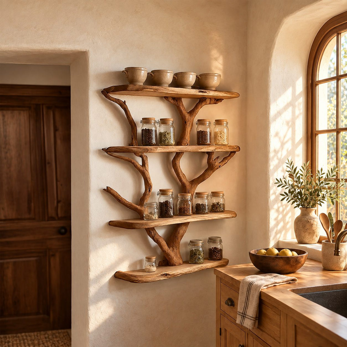 Driftwood Tree Spice Rack Wall Shelf, 4-Tier Live Edge Solid Wood Kitchen Pantry Display