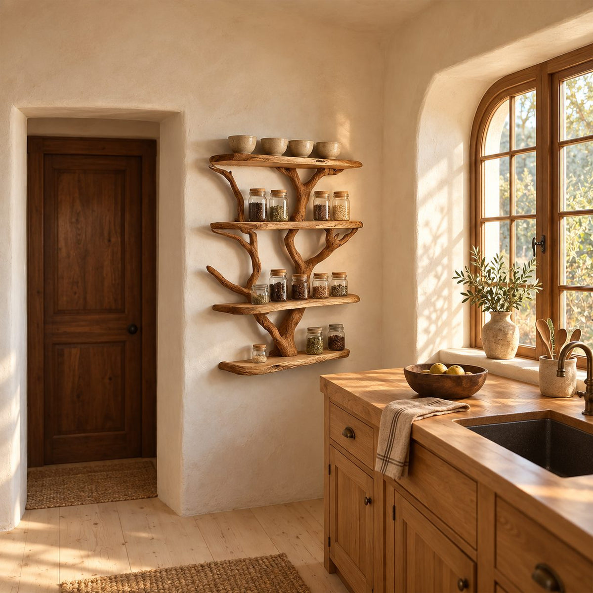Driftwood Tree Spice Rack Wall Shelf, 4-Tier Live Edge Solid Wood Kitchen Pantry Display