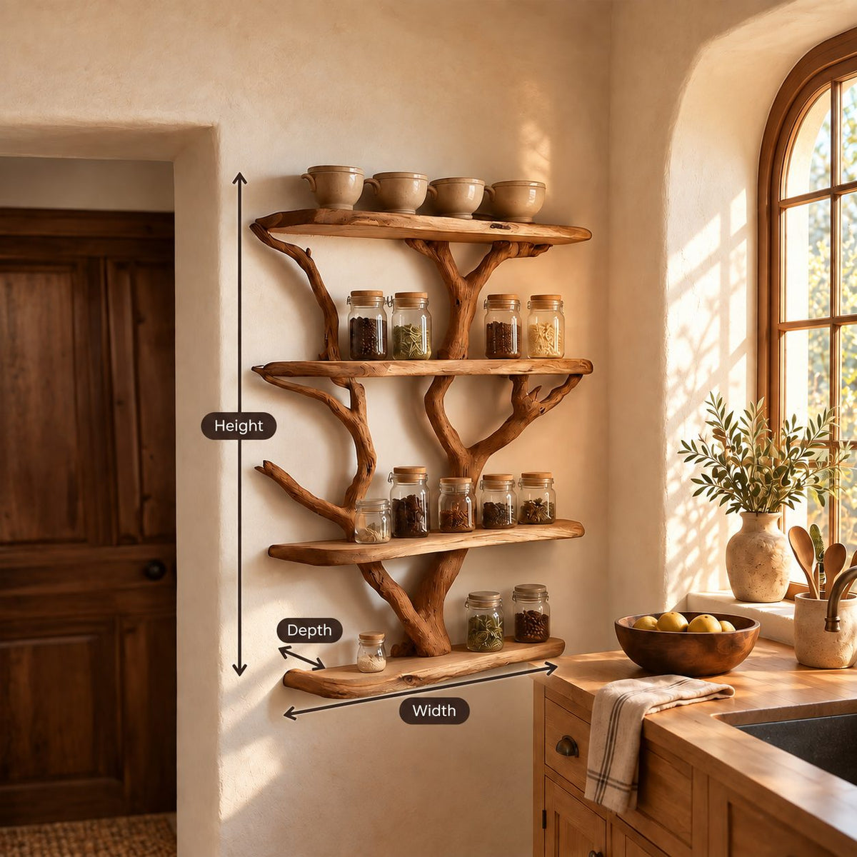 Driftwood Tree Spice Rack Wall Shelf, 4-Tier Live Edge Solid Wood Kitchen Pantry Display